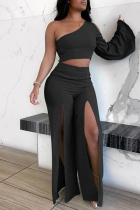 Black Fashion Sexy Backless Slit Oblique Collar Long Sleeve Two Pieces