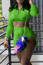 Fluorescent Green Sexy Solid Backless Asymmetrical Turndown Collar Long Sleeve Two Pieces