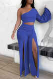 Blue Fashion Sexy Backless Slit Oblique Collar Long Sleeve Two Pieces