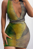 Green Sexy Striped Print Bandage Patchwork See-through Backless V Neck Pencil Skirt Dresses