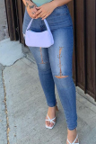 Deep Blue Fashion Casual Solid Ripped High Waist Regular Jeans
