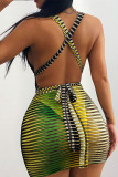 Green Sexy Striped Print Bandage Patchwork See-through Backless V Neck Pencil Skirt Dresses