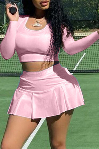 Pink Sexy Solid Hollowed Out Asymmetrical U Neck Long Sleeve Two Pieces