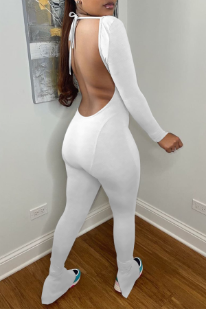 White Sexy Solid Backless Square Collar Skinny Jumpsuits
