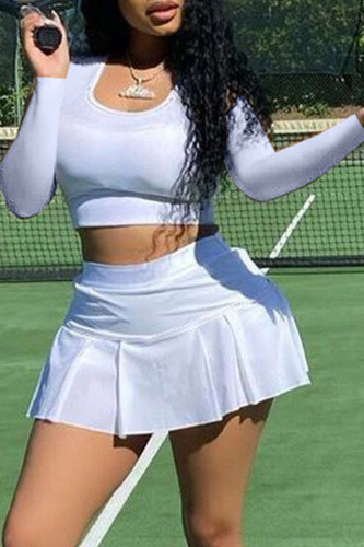 White Sexy Solid Hollowed Out Asymmetrical U Neck Long Sleeve Two Pieces