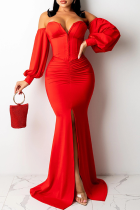 Red Sexy Solid Split Joint Strapless Irregular Dress Dresses
