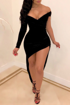 Black Sexy Solid Patchwork Off the Shoulder Irregular Dress Dresses