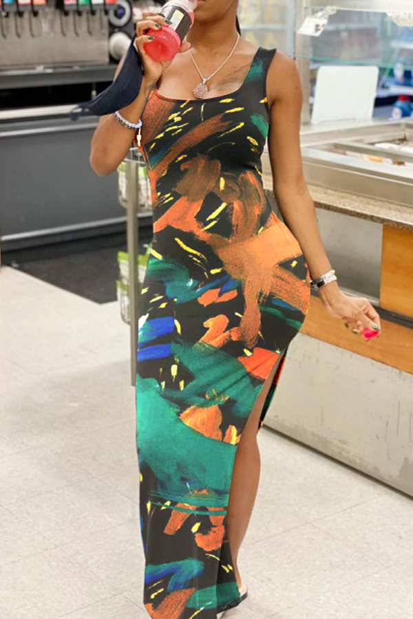 Black Green Sexy Print Patchwork U Neck Pencil Skirt Dresses