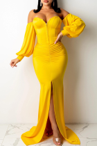 Yellow Sexy Solid Split Joint Strapless Irregular Dress Dresses