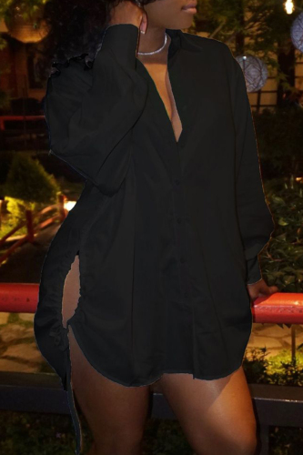 Black Fashion Casual Solid Bandage Hollowed Out Turndown Collar Shirt Dress