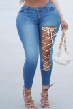 Black Fashion Casual Solid Bandage Hollowed Out High Waist Skinny Jeans