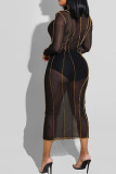 Black Sexy Solid Split Joint See-through O Neck Pencil Skirt Dresses