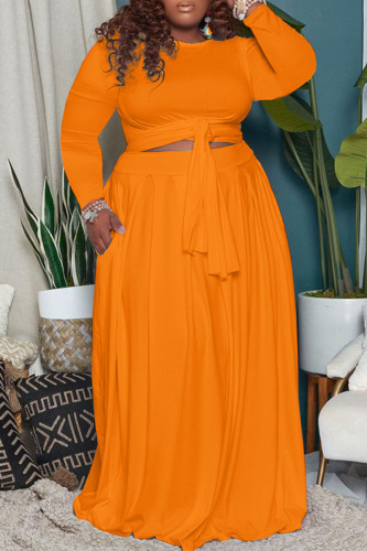 Tangerine Casual Solid Bandage Patchwork O Neck Plus Size Two Pieces
