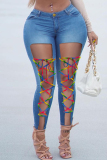 Deep Blue Fashion Casual Solid Ripped Bandage High Waist Skinny Jeans