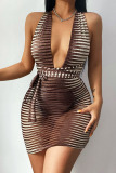 Khaki Sexy Striped Print Bandage Patchwork See-through Backless V Neck Pencil Skirt Dresses