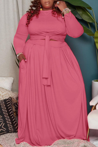 Pink Casual Solid Bandage Patchwork O Neck Plus Size Two Pieces