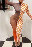 Orange Sexy Plaid Split Joint Zipper Collar Skinny Jumpsuits