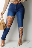 Deep Blue Fashion Casual Solid Bandage Hollowed Out High Waist Skinny Jeans