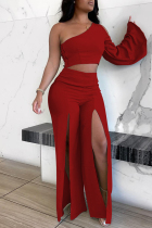 Red Fashion Sexy Backless Slit Oblique Collar Long Sleeve Two Pieces