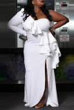 White Sexy Plus Size Solid Split Joint Slit One Shoulder Long Sleeve Dress