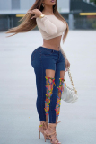 Deep Blue Fashion Casual Solid Ripped Bandage High Waist Skinny Jeans