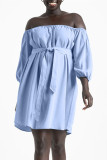 Sky Blue Fashion Casual Solid Backless Off the Shoulder Dresses