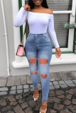 Light Blue Fashion Casual Solid Ripped High Waist Skinny Jeans