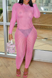 Pink Sexy Solid Patchwork See-through O Neck Skinny Jumpsuits
