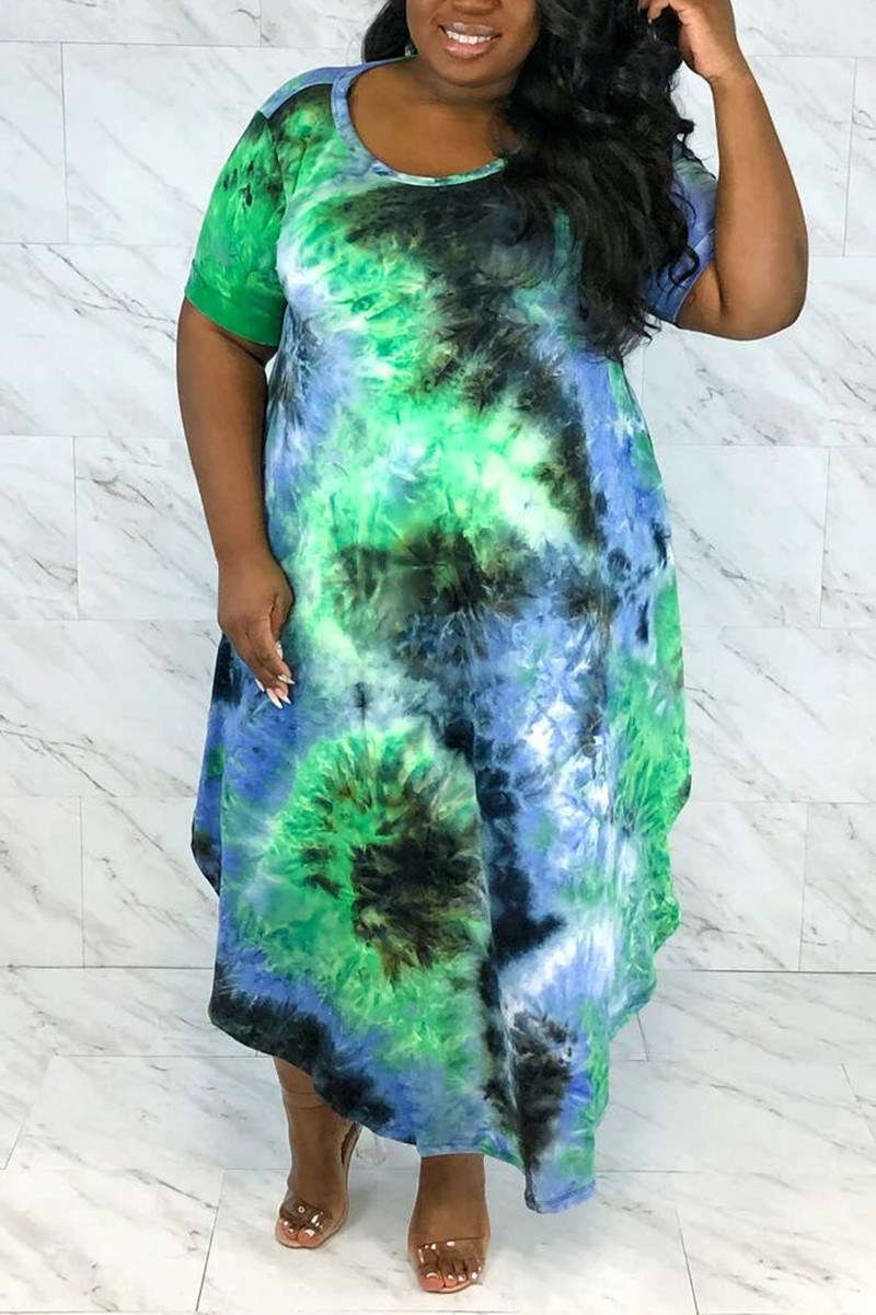 Fashion Casual Printed Green Loose Plus Size Dress