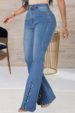 Dark Blue Fashion Casual Solid Patchwork High Waist Boot Cut Jeans