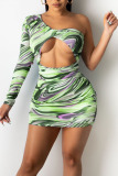 Green Sexy Print Hollowed Out Split Joint Oblique Collar Pencil Skirt Dresses