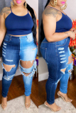 Blue Fashion Casual Patchwork Ripped Plus Size Jeans