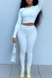White Casual Solid Split Joint Frenulum Backless O Neck Long Sleeve Two Pieces