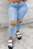 Light Blue Fashion Casual Print Ripped Plus Size Jeans
