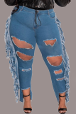 Baby Blue Casual Solid Tassel Ripped Plus Size Jeans