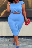 Light Blue Fashion Casual Solid Basic O Neck Plus Size Two Pieces