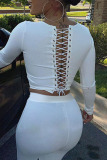 White Casual Solid Split Joint Frenulum Backless O Neck Long Sleeve Two Pieces