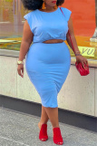 Light Blue Fashion Casual Solid Basic O Neck Plus Size Two Pieces