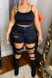 Black Sexy Solid Tassel Ripped Plus Size Jeans