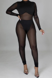 Black Fashion Sexy Patchwork See-through O Neck Skinny Jumpsuits