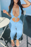 Blue Sexy Casual Solid Bandage Hollowed Out Backless Halter Skinny Jumpsuits