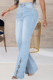 Dark Blue Fashion Casual Solid Patchwork High Waist Boot Cut Jeans