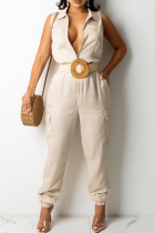 Cream White Casual Solid Split Joint Turndown Collar Harlan Jumpsuits