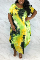 Yellow Fashion Casual Printed Loose Plus Size Dress