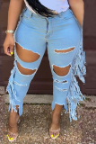 Baby Blue Casual Solid Tassel Ripped Plus Size Jeans