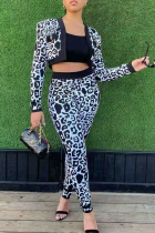 Black White Sexy Leopard Split Joint O Neck Long Sleeve Three Pieces
