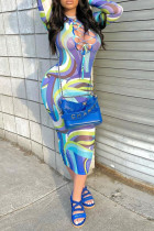 Blue Fashion Sexy Print Bandage O Neck Long Sleeve Dresses