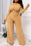 Khaki Fashion Casual Solid Basic V Neck Long Sleeve Two Pieces