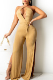 Red Sexy Solid Split Joint Backless Slit V Neck Straight Jumpsuits