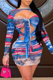 Multicolor Fashion Sexy Print Hollowed Out Split Joint O Neck Long Sleeve Dresses